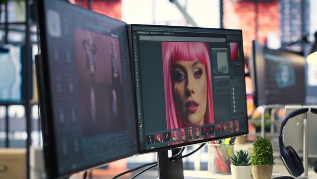 Organized creative workspace for graphic designers and photographers, featuring a dual monitor setup with digital editing tools. Photo editor software and AI chat bot for content creation.