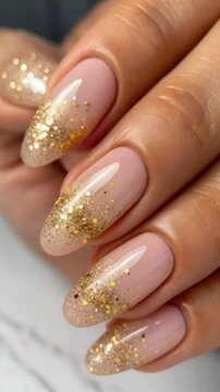 Nude base nails with gold glitter fade and smooth glossy finish