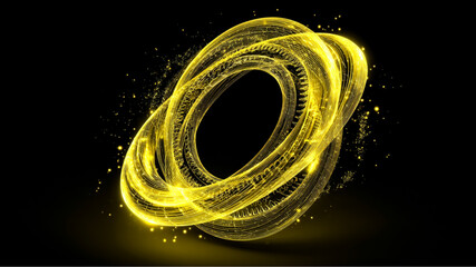Glowing yellow rings intertwined with sparkling particles on a dark black background abstract image.,