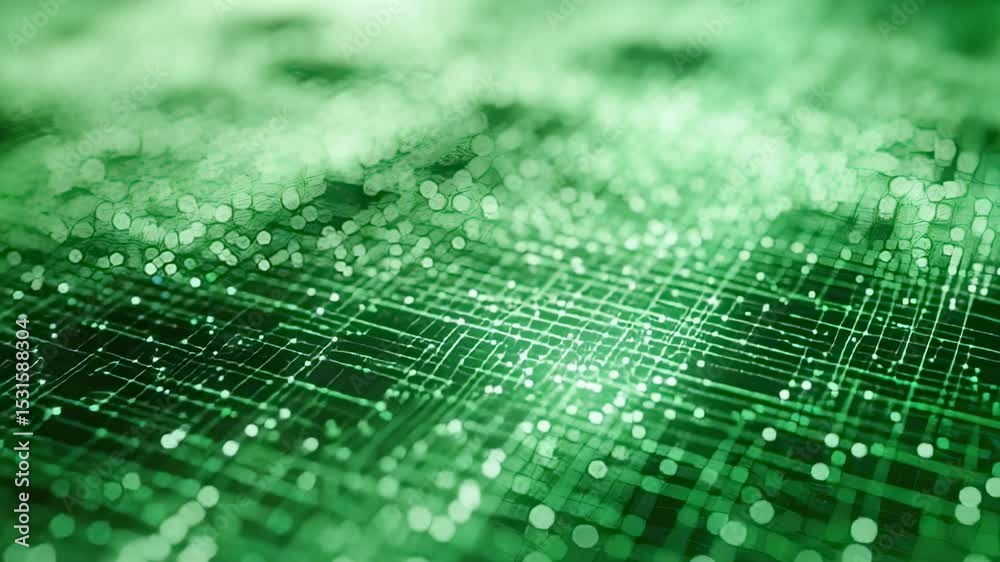 Wall mural abstract green technology background with glowing lines and bokeh