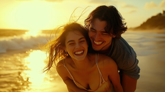 A joyful couple embraces on a beach at sunset, waves crashing, golden light illuminating their faces, wind blowing hair, romantic moment, ocean backdrop.