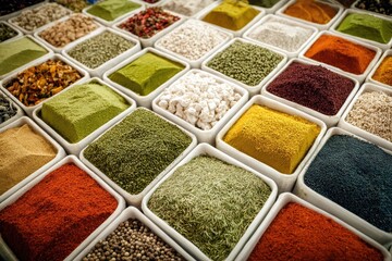 Fototapeta premium Array of colorful spices in small white containers