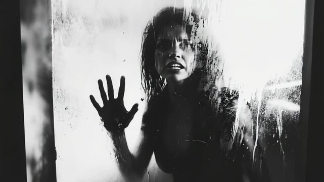 Monochrome portrait of a distressed woman behind wet glass, dramatic lighting