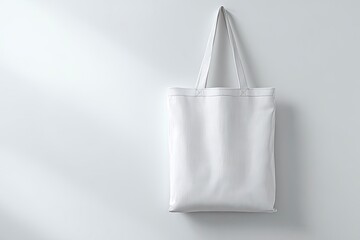 A white tote bag hangs against a white wall casting a soft shadow