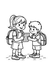 Girl helping boy with backpack and checklist for Back to School - coloring page for kids 5 - 8 years old  