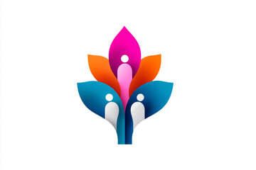Abstract floral design with people figures in pink orange and blue on a white background design logo