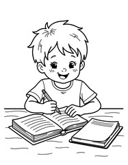 Young boy coloring in homework book while smiling at the table - Concept of Back to School - coloring page for kids 5 - 8 years old  