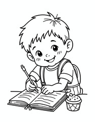 Happy boy filling personal achievement journal while sitting at table  