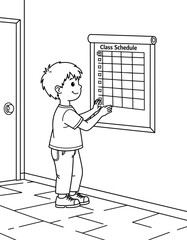 Young boy pinning class schedule to wall in classroom for back to school - coloring page for kids 5 - 8 years old  