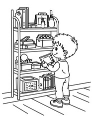 Boy organizing school supplies on shelves in black and white illustration - Concept of Back to School - coloring page for kids 5 - 8 years old  