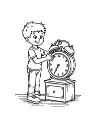 Young boy adjusting alarm clock while smiling in a playful setting - Concept of Back to School - coloring page for kids 5 - 8 years old  