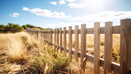 Sunny grass field with blurred wooden fence in dry grass background, rural nature landscape, concept of countryside tranquility and eco environment

