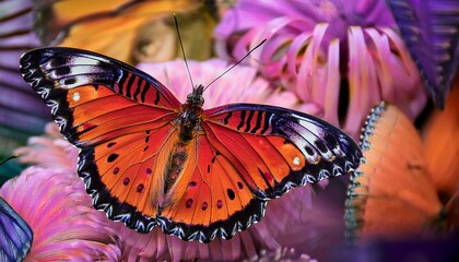 colorful butterflies in pink orange and purple displaying intricate wing patterns
