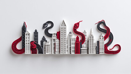 Paper art depicting snakes coiled around a city skyline with buildings in white black and red colors
