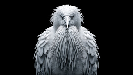 Close up of a white bird with long feathers and a sharp beak on a black background looking forward