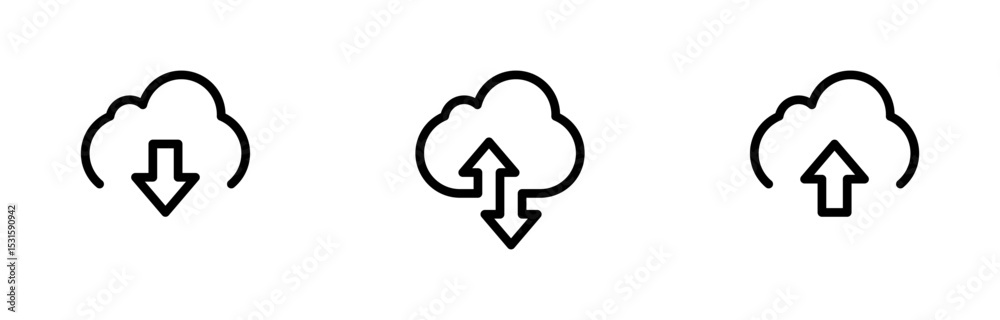 Poster set of cloud storage and cloud computing icons with download and upload arrows icon in editable stroke and outline styles, for data transfer, storage, backup, file sharing