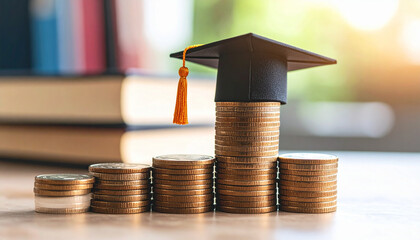 Stack of coins forming steps with graduation cap on top, books in the background, soft lighting &ndash; metaphor for investment in education

