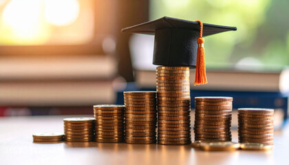 Stack of coins forming steps with graduation cap on top, books in the background, soft lighting – metaphor for investment in education

