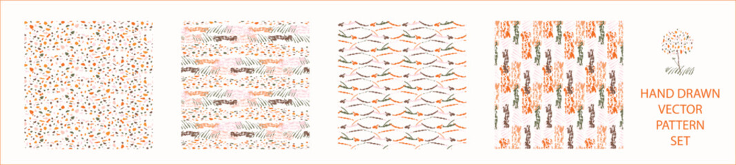 Set of whimsical modern abstract shape seamless pattern. Trendy pastel color hand drawn playful style for wallpaper collection, backdrops and summer texture. Fashion and home decor all over print.