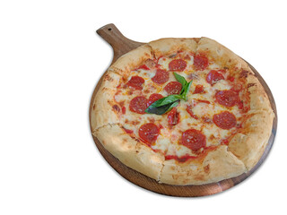 closeup hot thick bacon cheese pizza, green leaf, thick and soft dough, on a wooden tray with handles, on a white background.