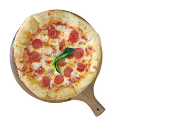 top view bacon cheese pizza, green leaf, thick and soft dough, on a wooden tray with handles, on a white background, food, copy space