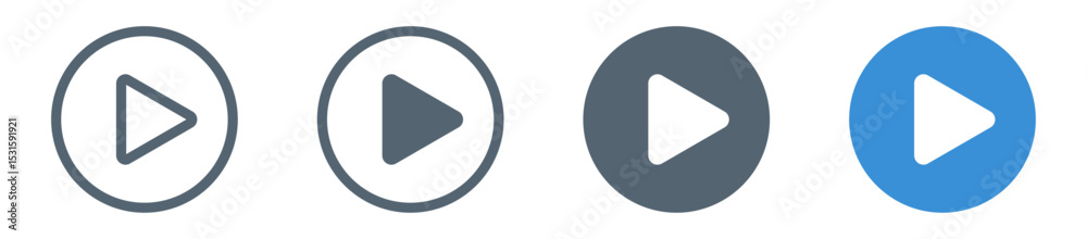 Poster set of play button icons , including outlined and solid style, for media players apps, streaming pla