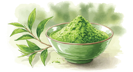  Vibrant Green Tea Powder (Matcha) with Fresh Tea Leaves