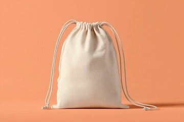Beige drawstring bag with knotted ropes on a peachcolored surface