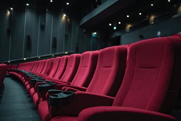 Empty movie theater rows of red seats