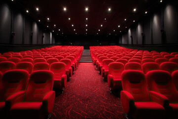 Empty movie theater interior with red seats