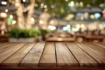 Empty wooden table outdoors at night.  Blurred background of a city plaza filled with lights and greenery