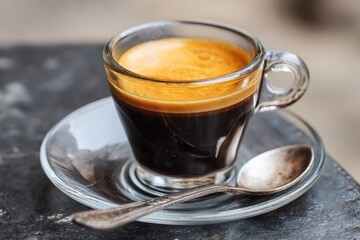 Espresso in a clear glass cup on a saucer