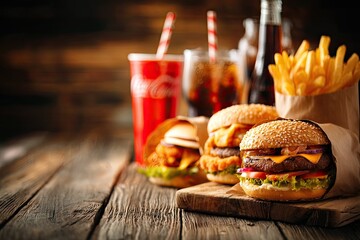 Burgers, fries, and drinks on a rustic wooden table