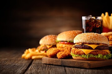 Assorted fast food on a rustic wooden surface