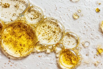 Golden oil droplets and bubbles on textured white surface