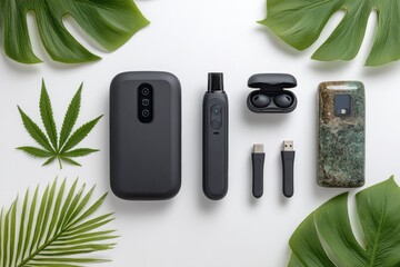 Flat lay of assorted tech accessories surrounded by tropical leaves.  Dark gray/black phone case, vape pen, earbuds, charging accessories, and a textured phone,  on a white background