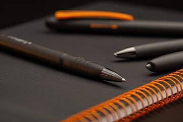 Close-up of black pens on a dark notebook