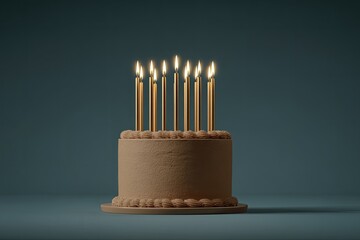 Beige cake with gold candles on dark backdrop