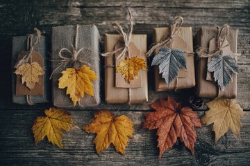Rustic autumnal gifts arranged on weathered wood.  Five wrapped presents, tied with twine, decorated with autumn leaves and tags.  Fall colors, warm tones, natural