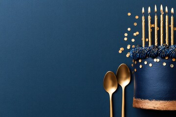 Navy blue cake with gold candles and sprinkles