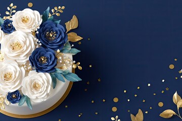 Elegant cake decorated with white and navy flowers
