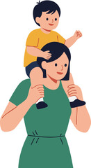 Mother carrying son on shoulders happy family moment vector illustration for lifestyle and parenting concepts 