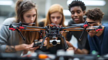 Students in a computer science class gather around a drone, exploring modern technology hands-on