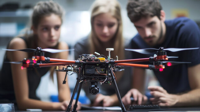Students in a computer science class gather around a drone, exploring modern technology hands-on