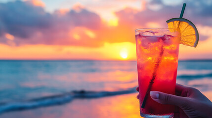 Two vibrant cocktails are held up as beachgoers party beneath a colorful sunset, capturing the essence of summer fun
