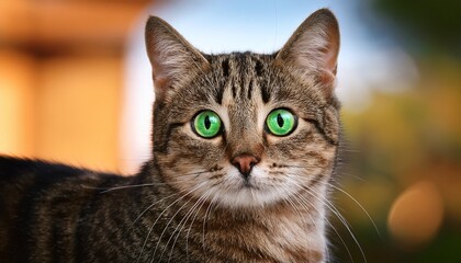 Obraz premium curious tabby cat with intense green eyes against blurred background