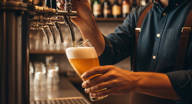 Man's hands pouring fresh beer from tap into glass. Beer foaming in glass from tap. Bar, pub or restaurant service on St. Patrick's Day.