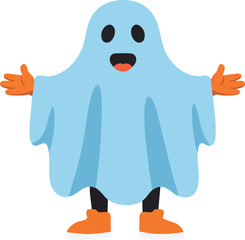 Obraz premium Blue ghost cartoon character with orange gloves and boots happy and welcoming vector illustration