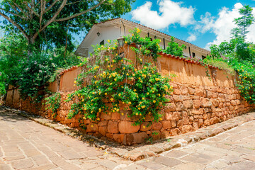 Colonial Corner with Flowers in Barichara, Colombia