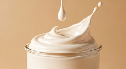 Creamy yogurt pouring into glass with splash and swirl. Liquid motion food concept for healthy dessert display.
